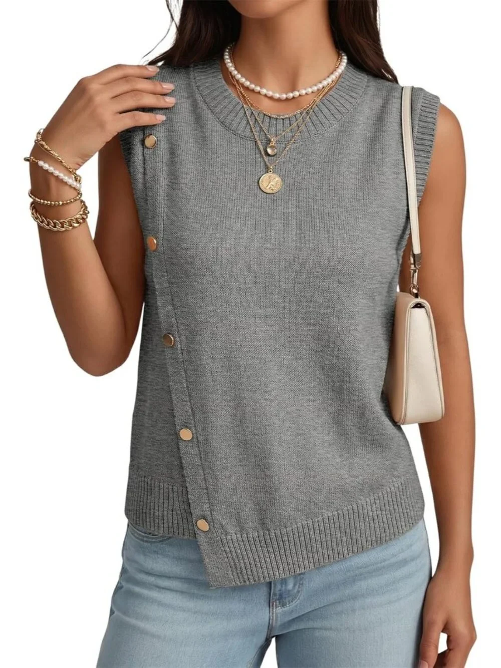 Women's Gray Sleeveless Round Neck Casual Button Decoration Sweater Vest